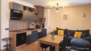 Una cocina y una sala de estar con un sofá y una mesa. en Grand Studio B27, en Pamporovo