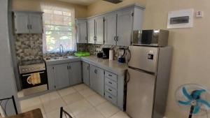 a kitchen with white cabinets and a refrigerator at Cozy Vacation Retreat Apt 2 in Trafalgar