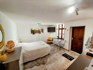 Un dormitorio con una cama, un escritorio y una mesa. en République - Séjour à Auxerre, en Auxerre