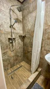 a bathroom with a shower and a sink at Five House in Skhidnitsa +122 photos