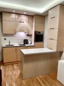 een grote keuken met houten kasten en een spoelbak bij No̱410 City View Apartment & free private parking in Krakau