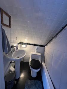 a bathroom with a toilet and a sink and a tub at Alaskan Wild Rose Retreat in Talkeetna