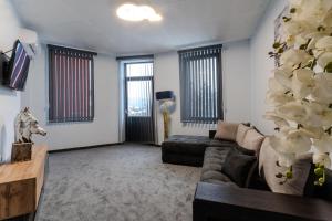 a living room with a couch and a plant at Cappo Aparthotel in Veliko Tŭrnovo