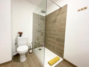 a bathroom with a toilet and a glass shower at V5 Très Joli Studio proche Bâle in Saint-Louis