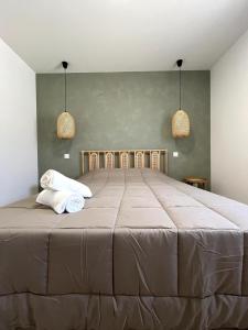a bedroom with a large bed with two pillows on it at Villa exotique avec piscine - Dolce Rhôna in Charmes-sur-Rhône