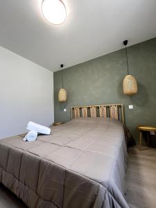 a bedroom with a large bed and two pendant lights at Villa exotique avec piscine - Dolce Rhôna in Charmes-sur-Rhône +34 photos
