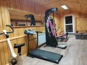 a gym with three exercise bikes and a treadmill at Agroturystyka Pod Gruszą in Chyrowa