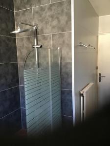 a bathroom with a shower with a glass door at Apartment in cozy house with terrace in Aspres-sur-Buëch