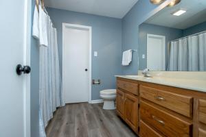 een badkamer met een toilet, een wastafel en een spiegel bij Lakefront, Game Room, Hot Tub, Fire Pit in Hot Springs +47 foto's