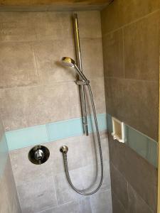 a shower with a shower head in a bathroom at Grail Cottage in Glastonbury