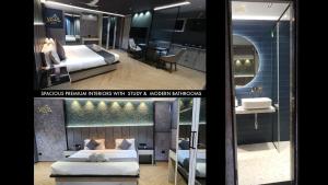 two pictures of a room with two beds and a bathroom at Studio Apartment by Vista Grande in Panchgani