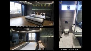 two pictures of a room with a bed and a bathroom at Studio Apartment by Vista Grande in Panchgani
