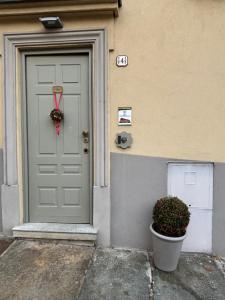 Una puerta de una casa con una planta al lado. en La casa di Beatrice e Francesca, en Turín