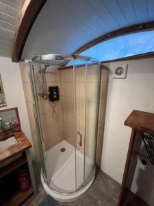a shower with a glass door in a bathroom at The carriage in Three Cocks Junction +16 photos