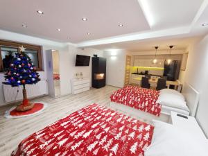 sypialnia z choinką w środku w obiekcie APARTAMENT Z POMOSTEM nad Jeziorem Czorsztyńskim w mieście Frydman