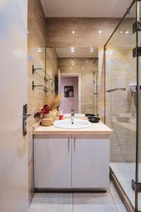 a bathroom with a sink and a shower at Retro Nutshell! in Cairo