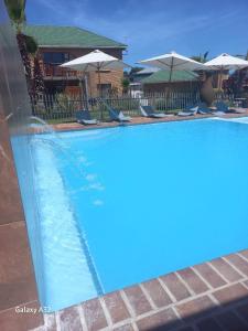 a swimming pool with chairs and umbrellas at Nora's Place in Sedgefield
