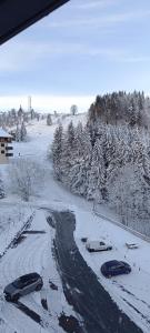 three cars parked on a road covered in snow at Appartement dernier étage au pied des pistes HIRMENTAZ in Bellevaux
