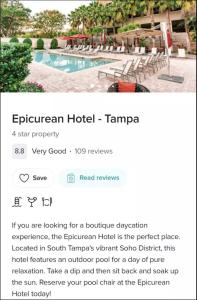 página de un sitio web del hotel con una foto de una piscina en Upscale Soho living Near bayshore Boulevard, en Tampa