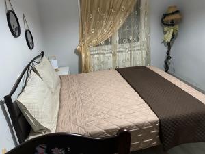 een slaapkamer met een bed en een raam met gordijnen bij JennyHouse in Drama