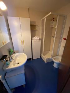 a bathroom with a sink and a shower and a toilet at Mountain View in Passo del Tonale