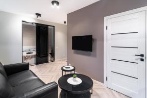 ヴィリニュスにあるapartment with jacuzzi, old townのソファとテレビのあるリビングルーム