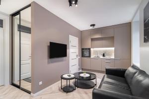 ヴィリニュスにあるapartment with jacuzzi, old townの黒いソファとキッチンのあるリビングルーム