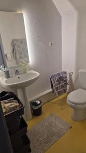 a bathroom with a sink and a toilet and a mirror at Duplex 55m2, 6 personnes, chiens acceptés in Arreau +6 photos