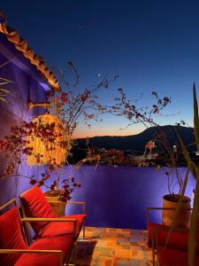 a patio with two chairs and plants on a purple wall at Casa Amina in Chefchaouene