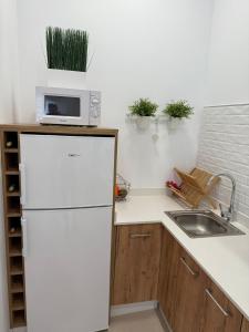 a kitchen with a white refrigerator and a sink at APARTAMENTO TURISTICO LEO BAENA in Baena +16 photos