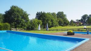 a large blue swimming pool with umbrellas in a park at Heidehof Carstens - Ferienwohnung Ginster in Eimke