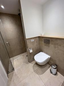 a bathroom with a toilet and a shower at Stranddüne im Achterhus in Juist +14 photos