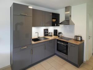 a kitchen with gray cabinets and a sink at Kirschgarten 2 - Möwennest in Kellenhusen +11 photos