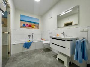 a bathroom with a sink and a toilet and a mirror at Sonnenweg 18 in Heringhausen +25 photos