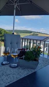 een tafel met twee glazen wijn en een plant bij Sonnenweg 11 in Heringhausen