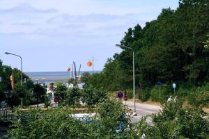 a street with trees and street lights on a road at Quartier Hohe Geest 14 in Sahlenburg