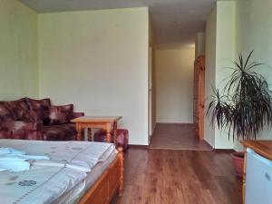 a bedroom with a bed and a couch and a plant at Guest House Diamant in Sozopol