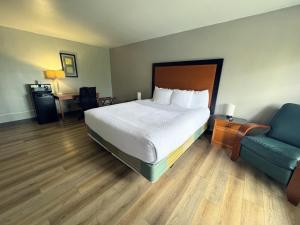 a hotel room with a bed and a blue couch at La Quinta Inn Tampa Airport Stadium Westshore in Tampa