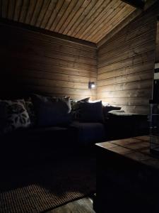 a room with a bed and a wooden wall at Villa Laiskajaakko in Vimpeli