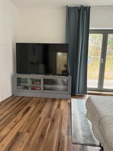 a living room with a large flat screen tv at Táltos in Szentendre