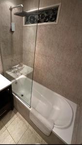 une salle de bains avec baignoire et lavabo dans l'établissement Hermoso Monoambiente en Belgrano Buenos Aires, à Buenos Aires