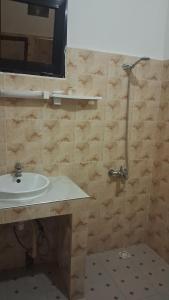 ein Badezimmer mit Waschbecken und Dusche in der Unterkunft Pelican in Somone