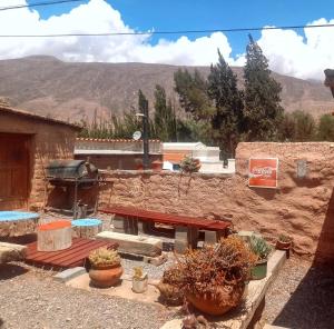 an outdoor area with potted plants in front of a building at Casa Colores in Tilcara