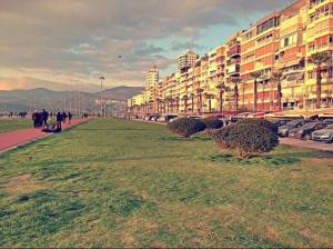a grassy field next to a city with buildings at Maris Greek House in Konak