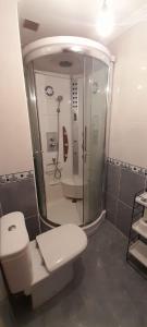 a bathroom with a white toilet and a shower at EnSAN CIPRIAN Playas y Gastronomía in San Ciprián