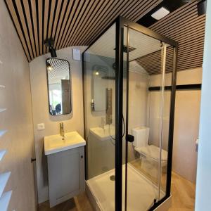 a bathroom with a shower and a sink and a toilet at Boholodges 2 pers met hottub in Meerssen
