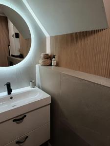 a bathroom with a sink and a mirror at Arctic Lakeside Villa in Kemijärvi +42 photos
