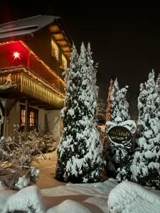eine Gruppe schneebedeckter Bäume vor einem Haus in der Unterkunft Hollhouse - Bed & Breakfast in Hinterzarten