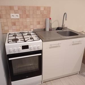 a kitchen with a stove and a sink at Przystań in MaryLin +19 photos
