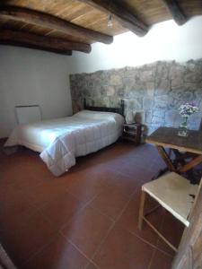 Un dormitorio con una cama y una pared de piedra. en La Clementina, en Tilcara